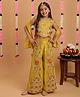 Tiny Kingdom Woven Sleevless Crystal Beads Embellished Floral Embroidered Top & Palazzo Set With Dupatta - Yellow