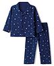 Babyhug Cotton Knit Front Open Full Sleeves Co-ord Shirt & Pajama Night Suit with Stars Print - Navy Blue