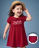 Babyhug Single Jersey Cotton Knit Fit and Flare Knee Length Frock with Bloomer/Short with Half Sleeves and Flowers and Butterflies Embroidery in Maroon