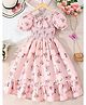 Bolly Lounge Cotton Blend Woven Puffed Sleeves Dress With Floral Print - Peach