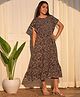 Bolly Lounge Cotton Blend Woven Smocked Dress with Half Sleeves and Floral Print -Black
