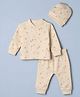 Simply Cotton Knit Front Open Full Sleeves Co-ord T-Shirt & Pajama Night Suit with Cap and Little Kitten Print - Lemon