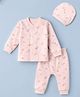 Simply Cotton Knit Front Open Full Sleeves Co-ord T-Shirt & Pajama Night Suit with Cap and Little Bear Print - Peach