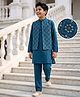Pine Kids Woven Full Sleeves Kurta Pyjama Set and Jacket with Geometric Floral Pattern Embroidery - Navy Blue