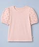 GAP 100% Cotton Knit Solid Slim Fit Round Neck Stylised Top with Half Puffed Sleeves and Eyelet Embroidery - Light Red