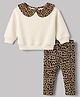 GAP Cotton Mix Knit Woven Full Sleeves Top & Leggings Set With Leopard Print - Beige