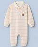 GAP Cotton Blend Woven Full Sleeves Collar Neck Striped Romper With Bear Embroidery - Pink