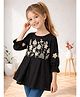 ISHTI Rayon Woven Three Fourth Sleeves Floral Embroidered Top - Black
