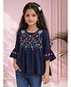 ISHTI Rayon Woven Three Fourth Sleeves Floral Embroidered Beads Embellished Top - Navy Blue
