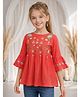 ISHTI Rayon Woven Three Fourth Sleeves Floral Embroidered Beads Embellished Top - Fuchsia Pink