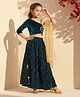 ISHTI Velvet Woven Three Fourth Sleeves Floral Applique Detailed Gota Lace Embellished Lehenga Choli Set With Dupatta - Teal Blue
