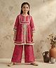 ISHTI Muslin Woven Three Fourth Sleeves Leave Printed Lace Detailed Kurti & Palazzo Set  - Magenta