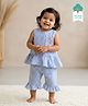 Keebee Organics Cotton Woven Half Flutter Sleeves Striped & Floral Embroidered Coordinating Top & Shorts Set - Blue