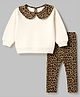 GAP Cotton Blend Knit Full Sleeves Top & Trouser Set With Leopard Print Beige & Brown