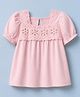 GAP Cotton Woven Top with Half Sleeves and Floral Embroidery - Pink