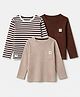 Bonfino Cotton Knit Solid T-Shirts with Full Sleeves and Stripes with Always Happy Text Patch Pack of 3 - Brown Beige White