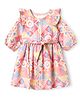 Twetoons Cotton Woven Flared One Piece Dress with Full Sleeves, Puffed Sleeves and Geometric Shapes Print Pink