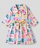 Twetoons Cotton Woven Dress with Belt Full Sleeves and Flamingo Print in Blue