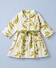 Twetoons Cotton Woven Dress with Belt Full Sleeves and Leaf Print in Green