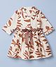 Twetoons Cotton Woven Dress with Belt Full Sleeves and Leaves Print in Brown