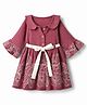 Twetoons Cotton Woven Bell Full Sleeves Flared Dress with Collared Neck and Floral Embroidery with Belt - Burgandy
