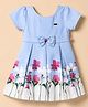 Twetoons Cotton Woven Half Puffed Sleeves Flared Pleated Dress with Foral Print & Bow -Light Blue