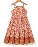 Pine Kids 100% Cotton Woven Ethnic Dress with Sleeveless and Floral Print Pattern - Brown