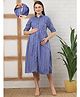 Moms Maternity Cotton Knit Three Sleeves Striped Maternity Dress With Side Zipper Nursing Access - Blue
