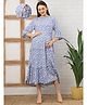 Moms Maternity Viscose Rayon Woven Three Fourth Bell Sleeves Floral Printed Tiered Maternity Dress With Side Zipper Nursing Access - Blue