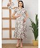 Moms Maternity Moss Crepe Woven Half Puffed Sleeves Floral Printed Maternity Shirt Style Dress With Front Open Nursing Access - Green