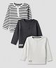 Bonfino Cotton Elastane Lycra Rib Knit Yarn Dyed and Solid T-Shirts with Full Sleeves and Stripes with Konichiwa Tokyo Text Patch Pack of 3 - Grey White