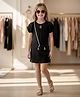 Truffles Cotton Blend Knit Half Puffed Sleeves Abstract Applique Detailed Dress With Sling Bag - Black