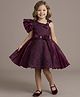 smile baby NX Tissue Woven One Shoulder Sleeves Floral Embroidered Bow Applique & Frills Detailed Dress - Wine