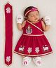 Baby Koala Cotton Woven Sleeveless Lakshmi Goddess Printed Dress With Dupatta Headband & Mittens - Red