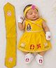 Baby Koala Cotton Woven Sleeveless Lakshmi Goddess Printed Dress With Dupatta Headband & Mittens - Yellow