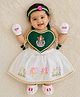Baby Koala Cotton Woven Sleeveless Lakshmi Goddess Printed Dress With Dupatta Headband & Mittens - Green