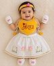 Baby Koala Cotton Woven Sleeveless Lakshmi Goddess Printed Dress With Dupatta Headband & Mittens - Yellow