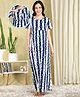 Moms Ever Knitted Half Sleeves Floral Printed Striped Maternity Nighty With Overlap Nursing Access - Blue