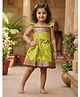 Ridokidz Cotton Silk Woven Sleeveless Pattu Pavadai Dress With Floral Print & Bow Applique - Olive