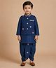 Ridokidz Cotton Woven Full Sleeve Floral Embroidered Kurta Dhoti Set With Jacket  - Navy Blue