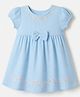Babyhug Cotton Woven Frock with Short Sleeves and Floral Embroidery & Bow Applique -Blue