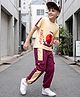 OLLINGTON ST. Cotton Sinker Knit Half Sleeves Printed T-Shirt & Joggers Set - Beige & Wine