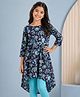 Kiddopanti Rayon Woven Three Fourth Sleeves Floral Printed Asymmetrical Kurti - Navy Blue