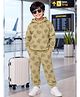 Kiddopanti Fleece Knit Full Sleeves Hearts Printed Coordinating Winter Hooded Sweatshirt & Joggers Set - Light Brown
