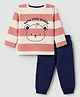 Babyhug 100% Cotton Single Jersey Knit Full Sleeves Striped T-Shirt & Joggers Set With Bear & Text Print - Blue