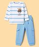 Babyhug 100% Cotton Single Jersey Knit Full Sleeves Striped T-Shirt & Joggers Set With Cat Print - White & Light Blue