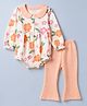 Babyoye Premium 100% Cotton Knit with Eco Jiva Finish Full Sleeve Onsies with Leggings With Floral Print - White/Peach