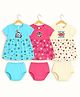 KUCHIPOO 100% Cotton Knit Pack Of 3 Half Sleeves Bear & Floral Printed Dresses With Bloomers - Blue Pink & Cream