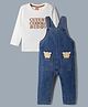 Babyhug Single Jersey Knit Dungaree With Bear & Text Printed Inner Tee - White & Navy Blue