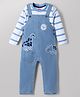 Babyhug Single Jersey Knit Full Sleeves Striped Dungaree With Dinosaur Embroidery - Light Blue